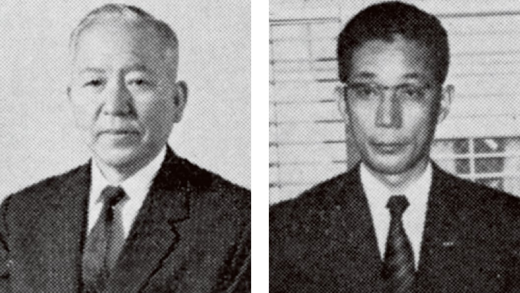 Left: Sukezo Iwata, the newly appointed chairman (68 years old at the time)<br>Right: Kazuya Iwata, the newly appointed president (41 years old at the time)